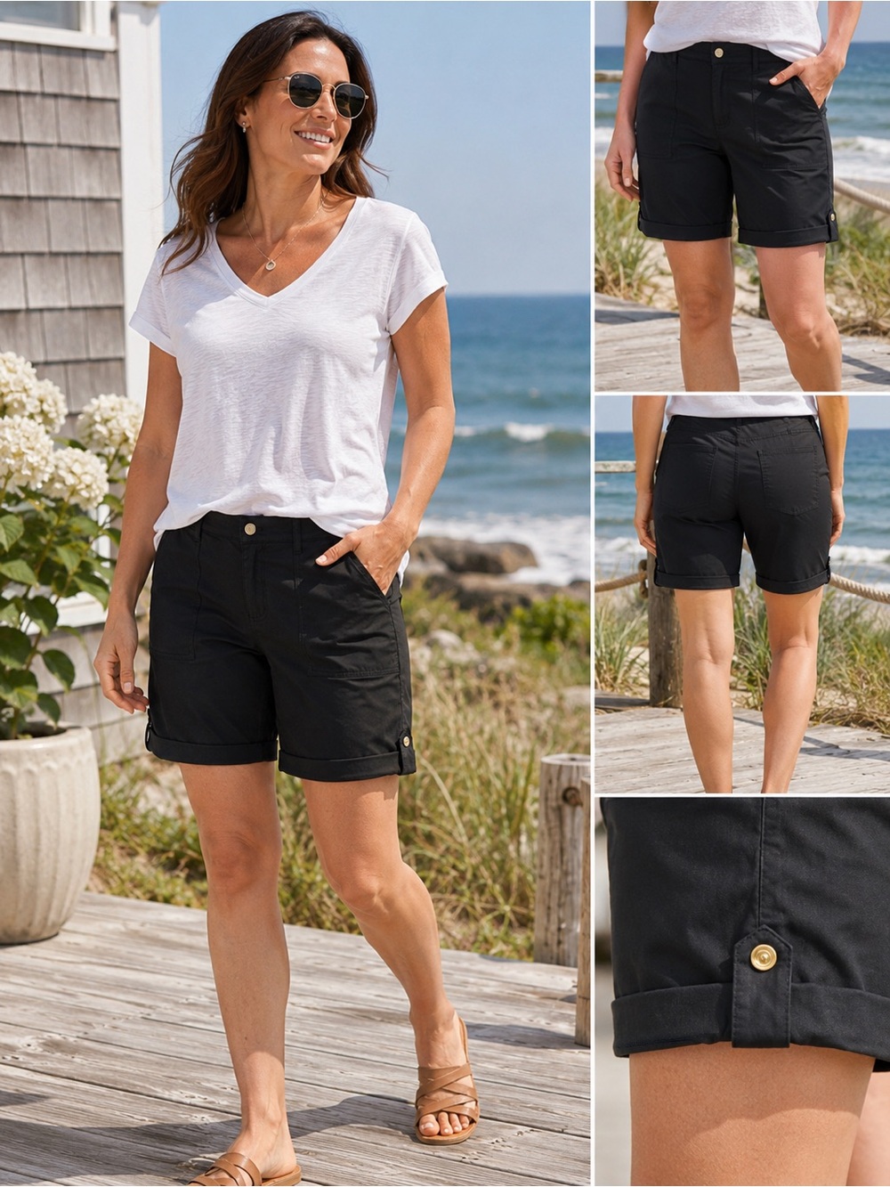 Lemon Way Black Stretch Cotton Bermuda Utility Shorts Roll Tab Hem Size 16 QVC